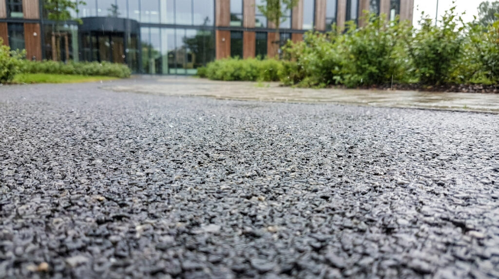 Vue de près d'une allée en béton bitumineux drainant par temps de pluie devant un bâtiment moderne. Des gouttes d'eau sont visibles.