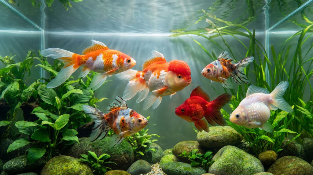 Six poissons rouges de variétés diverses nagent dans un aquarium planté de verdure et décoré de roches moussues.