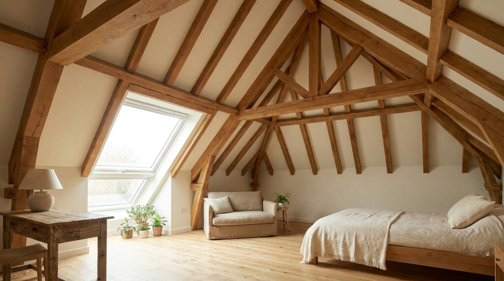 Chambre mansardée avec poutres en bois apparentes, un lit, un canapé, un bureau et une grande fenêtre de toit, ambiance naturelle.