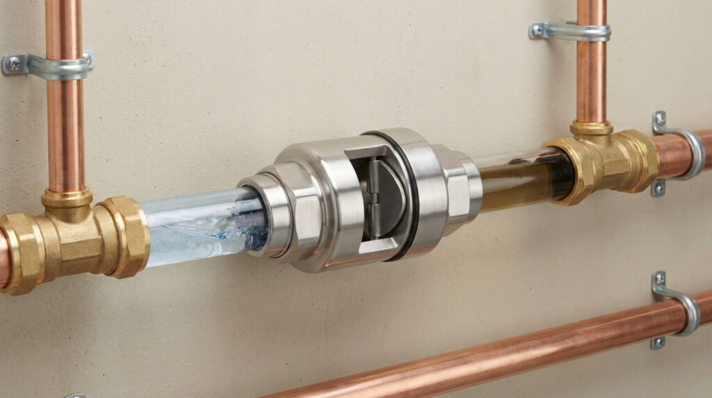 Clapet anti-retour métallique transparent sur tuyauterie en cuivre. Il montre de l'eau claire circulant d'un côté et un liquide stagnant de l'autre.