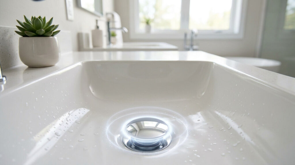 Gros plan d'un lavabo de salle de bain blanc avec gouttes d'eau. Le drain chromé est entouré d'une lueur subtile. Une plante verte est en arrière-plan.