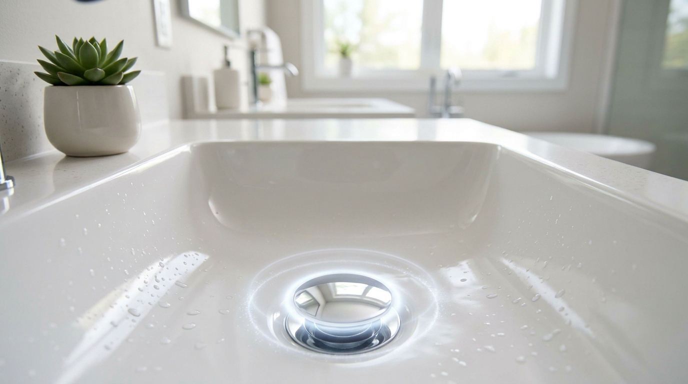 Gros plan d'un lavabo de salle de bain blanc avec gouttes d'eau. Le drain chromé est entouré d'une lueur subtile. Une plante verte est en arrière-plan.