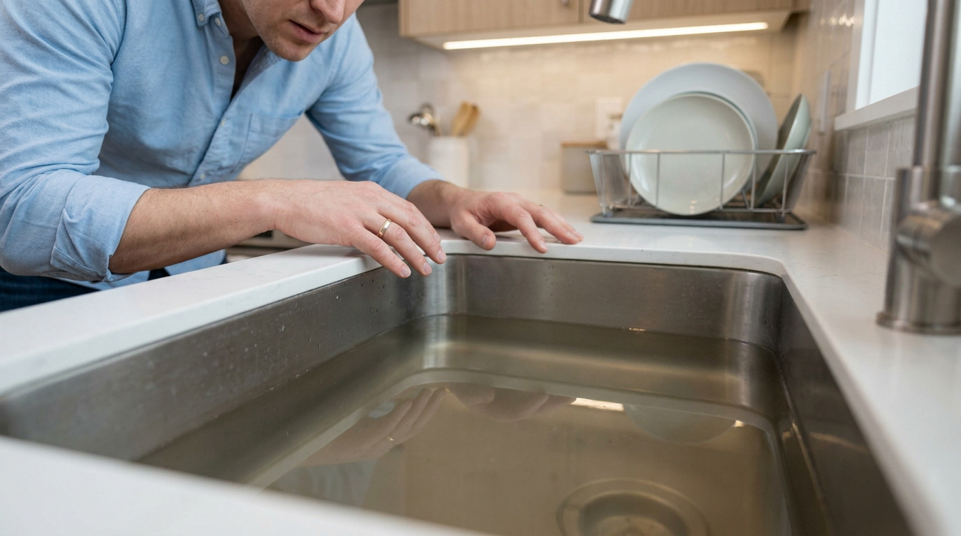 Un homme en chemise bleue se penche sur un évier de cuisine bouché rempli d'eau stagnante, l'air préoccupé.