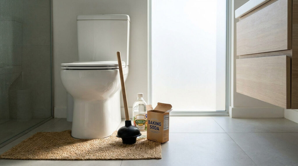 Ventouse, vinaigre blanc et bicarbonate de soude devant des toilettes blanches dans une salle de bain moderne.