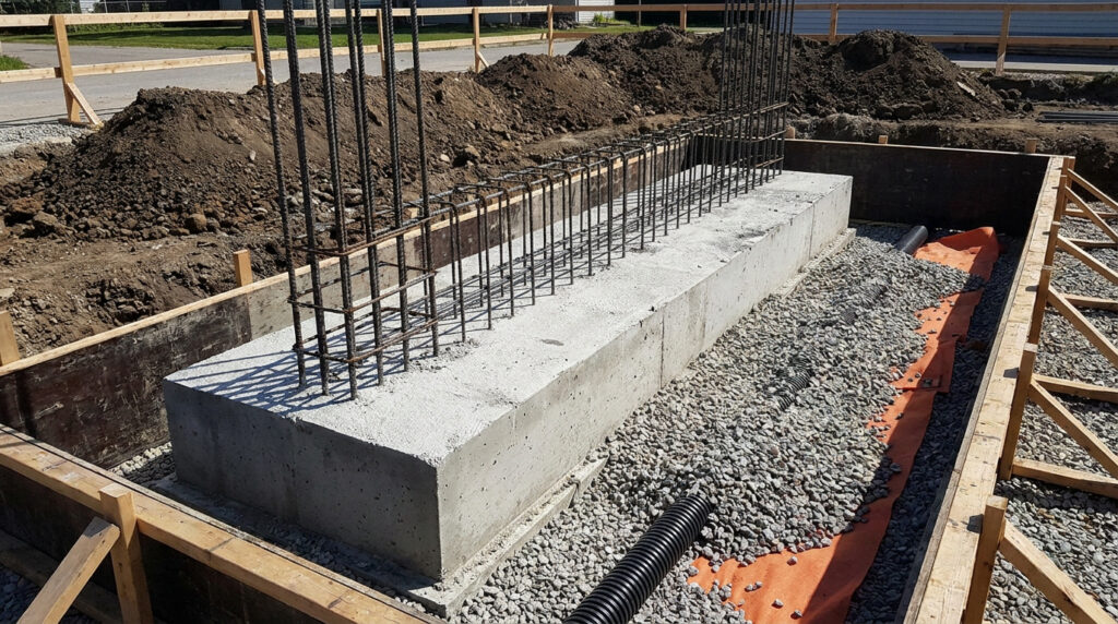 Semelle en béton armé pour mur de soutènement sur un chantier, avec ferraillage, drain français et géotextile orange.