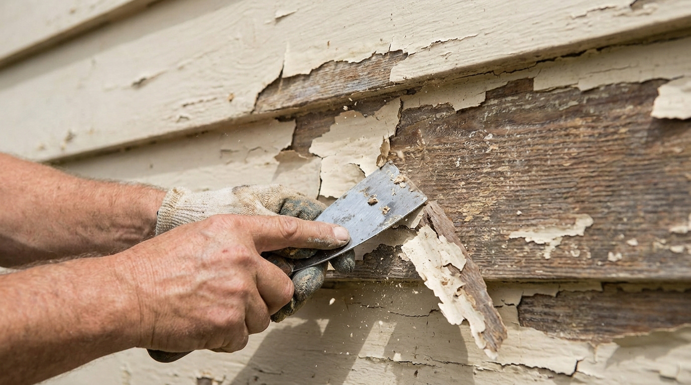 Gros plan sur des mains gantées grattant de la peinture écaillée d'un mur extérieur en bois avec une spatule, révélant le bois brut.