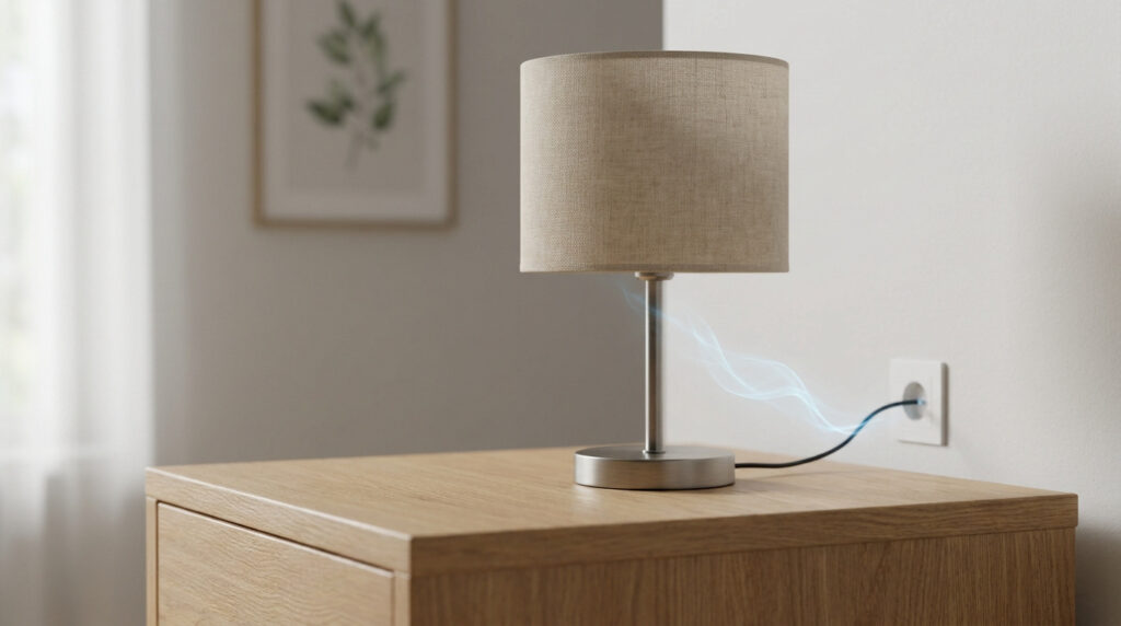 Lampe de chevet éteinte, branchée à une prise murale, avec des volutes bleues symbolisant sa consommation d'énergie fantôme.
