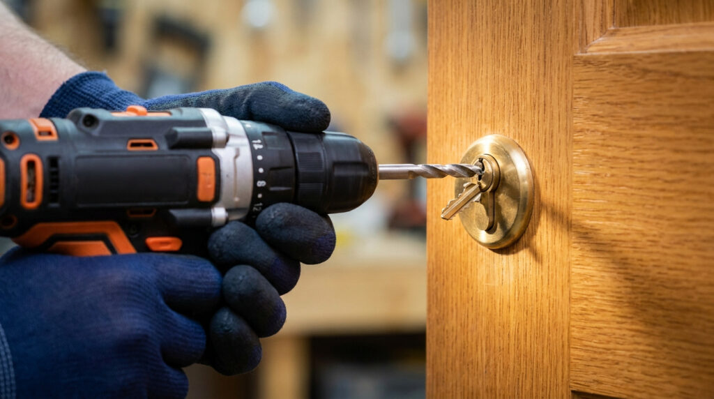 Main gantée perçant une serrure de porte en laiton avec une perceuse. Une clé est coincée dans le cylindre.