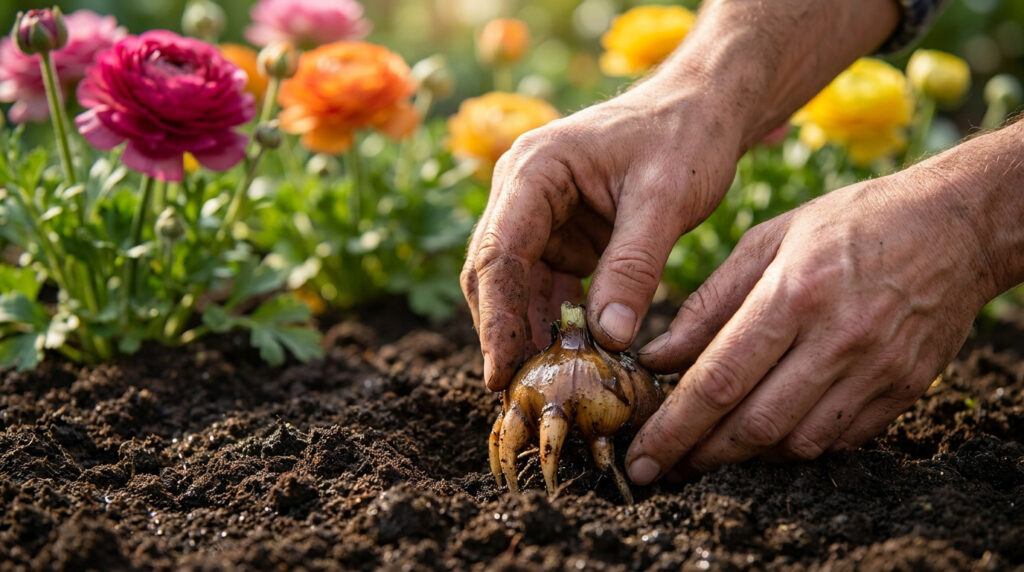 Gros plan sur des mains plantant un bulbe de renoncule dans un sol riche, avec des fleurs écloses en fond flou.