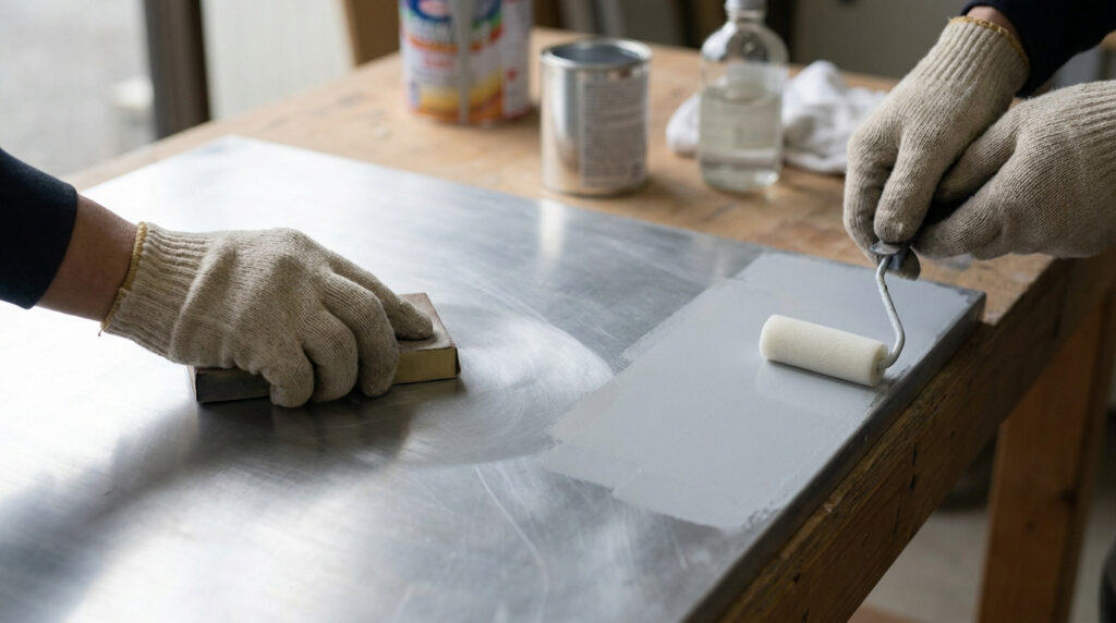 Gros plan sur des mains gantées ponçant et appliquant un apprêt gris avec un rouleau sur une feuille d'aluminium.