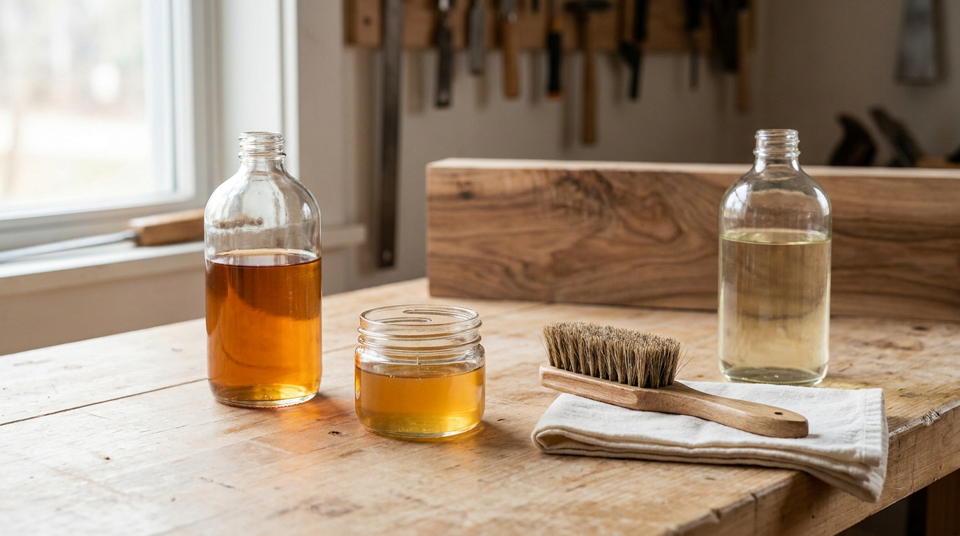 Bouteilles d'huile de lin et térébenthine, pot, brosse en bois et chiffon sur établi, près d'une fenêtre.
