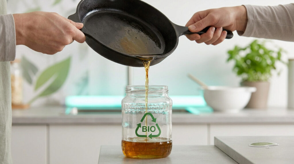 Deux mains versent de l'huile de friture usagée d'une poêle dans un bocal en verre avec le logo BIO de recyclage, sur un comptoir de cuisine.