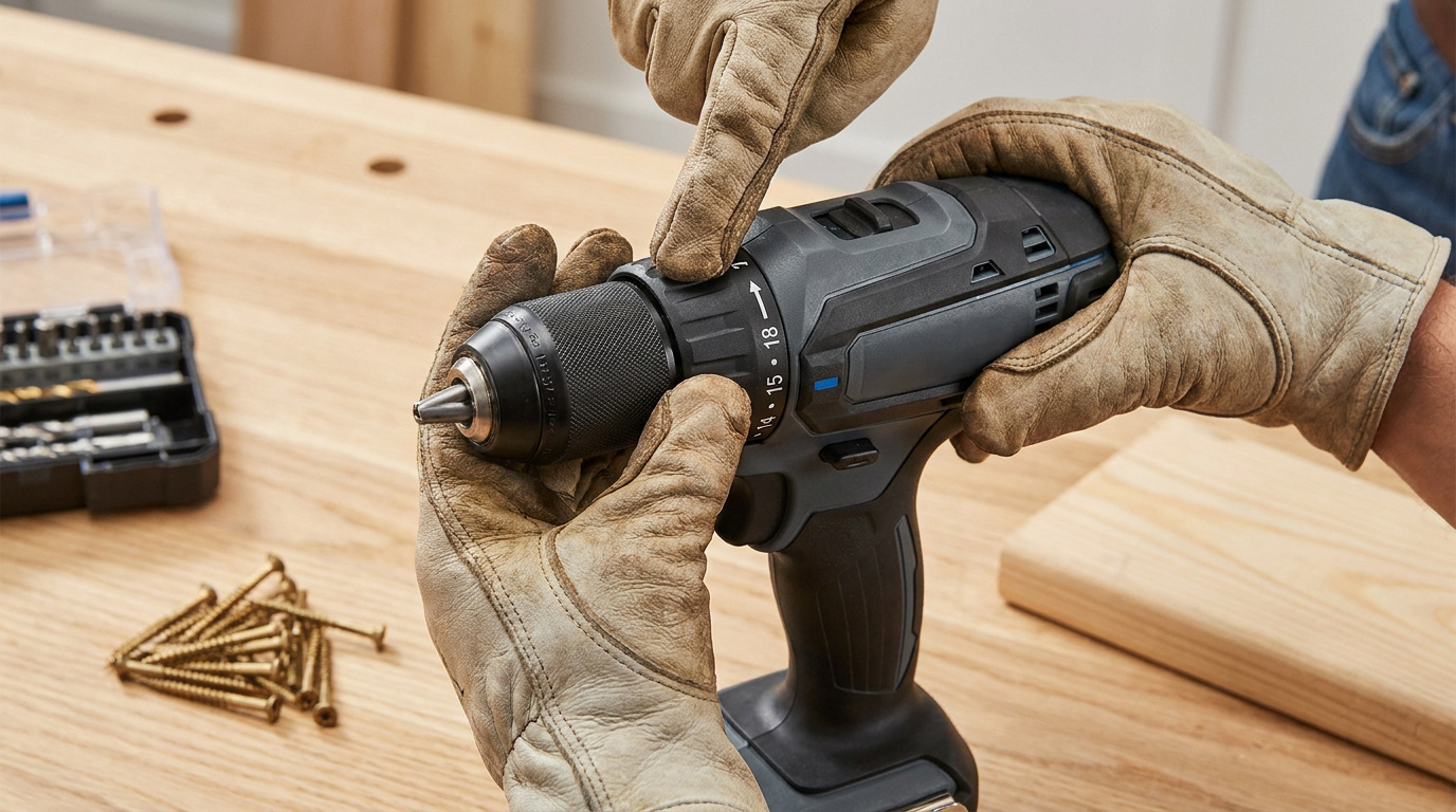 Mains gantées ajustant le couple d'une perceuse-visseuse noire sur un établi en bois, avec forets et vis à proximité.