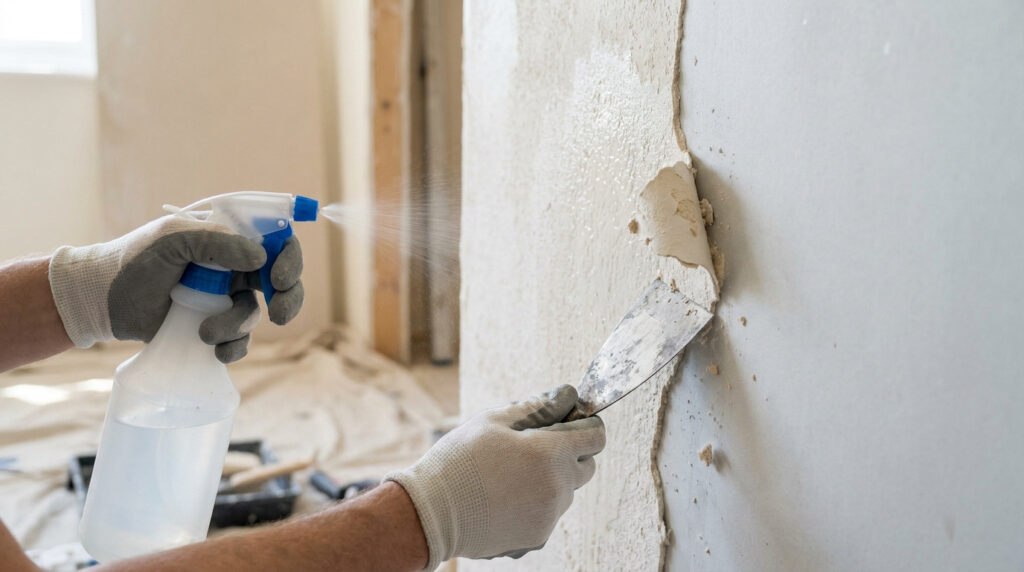 Mains gantées pulvérisant de l'eau sur un mur texturé et raclant du vieux plâtre avec une spatule.