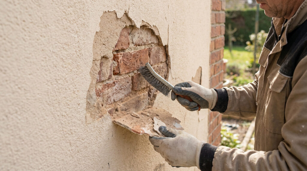 Un ouvrier gratte un crépi mural décollé avec une brosse métallique pour préparer la surface de la brique.