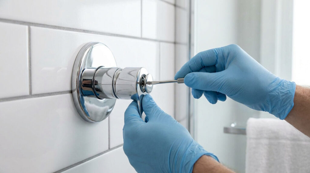 Mains avec des gants bleus utilisant un petit tournevis pour démonter la poignée d'un mitigeur de douche chromé.