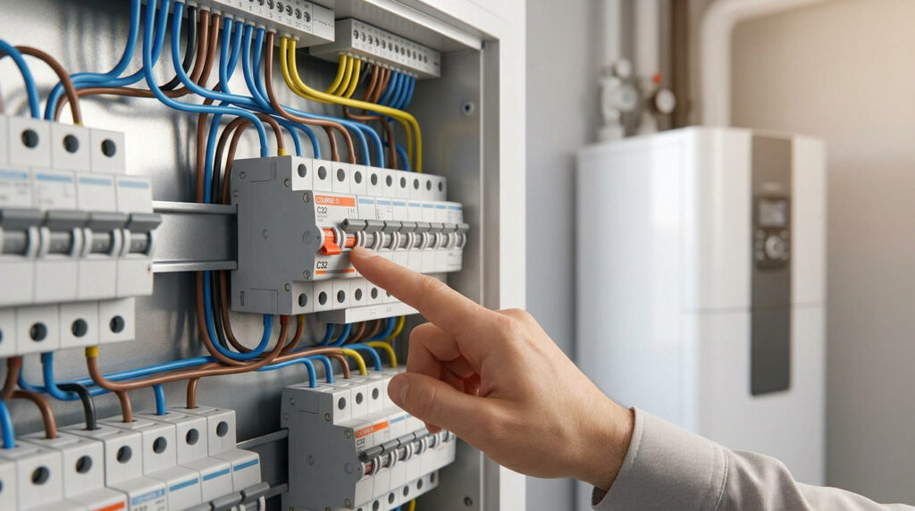Main actionnant un disjoncteur C22 dans un tableau électrique. Fils colorés et pompe à chaleur en arrière-plan.