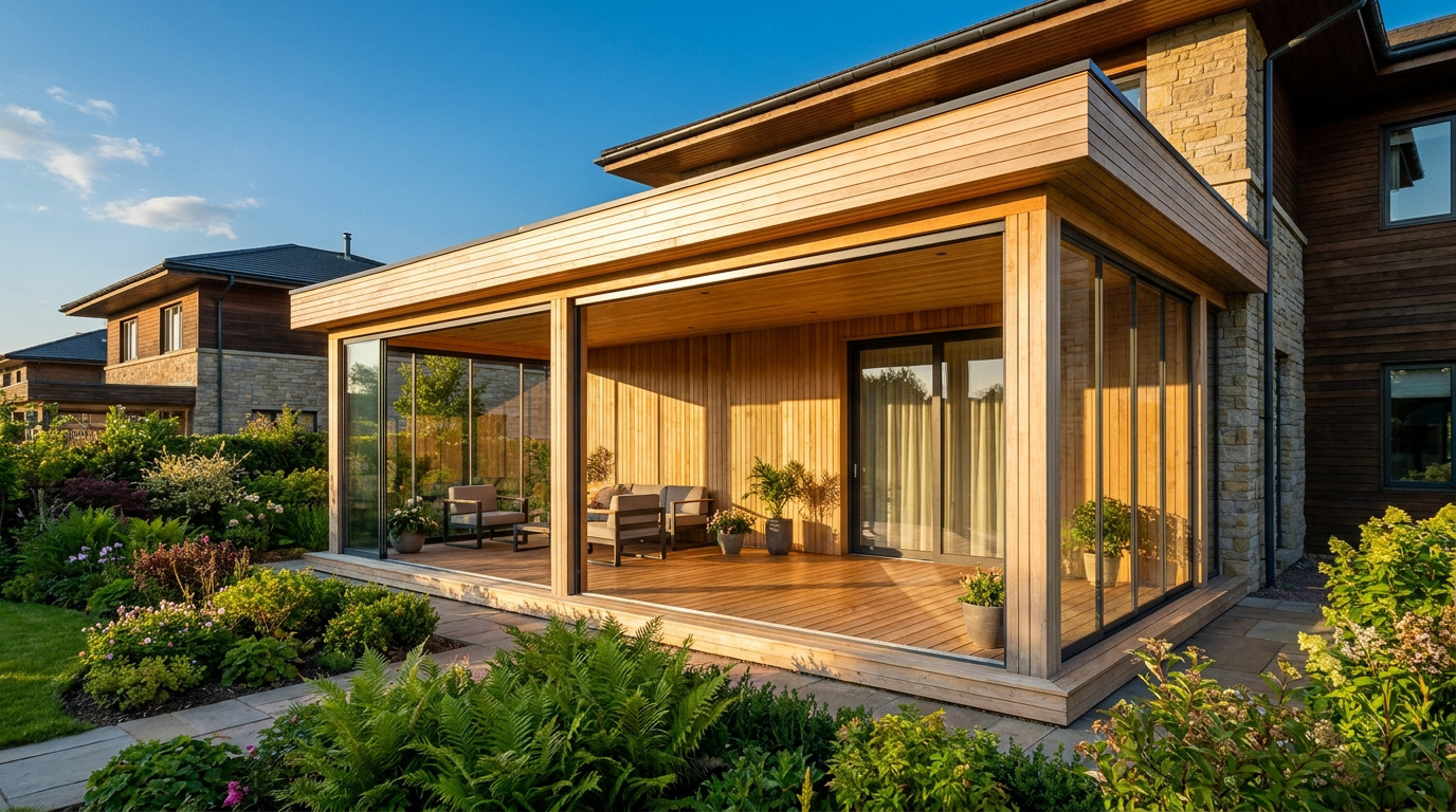 Véranda moderne en bois clair avec grandes baies vitrées, terrasse meublée et jardin luxuriant sous un ciel bleu ensoleillé.