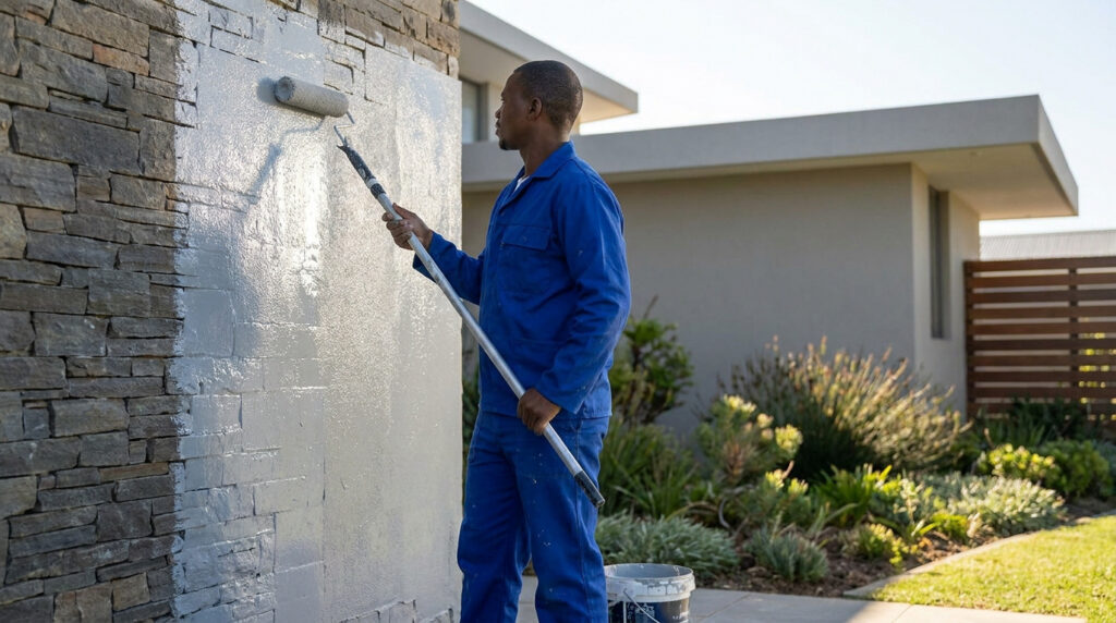 Un artisan en combinaison bleue peint un mur extérieur en pierre avec un rouleau télescopique.