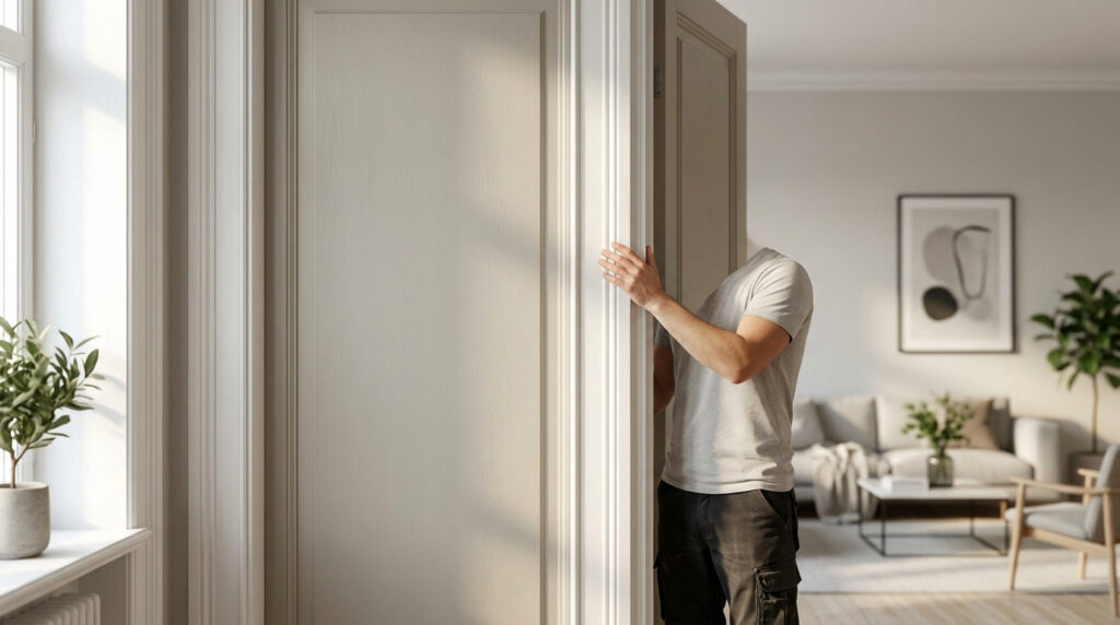 Une personne sans tête installe des moulures décoratives sur une porte blanche dans un salon lumineux.