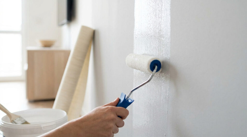 Main utilisant un rouleau pour appliquer une fine couche de colle sur un mur blanc avant la pose de papier peint.