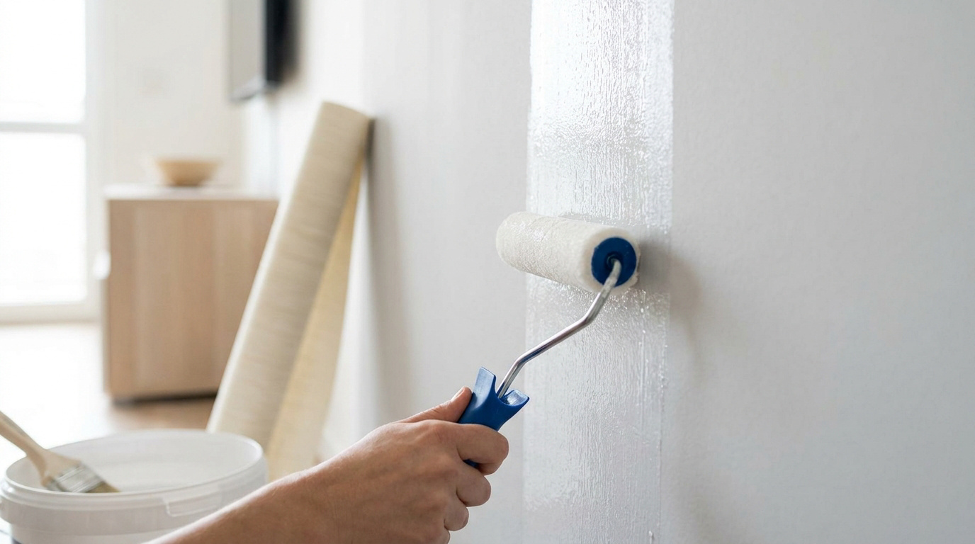 Main utilisant un rouleau pour appliquer une fine couche de colle sur un mur blanc avant la pose de papier peint.
