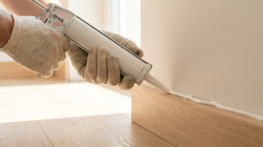 Une personne portant des gants de travail utilise un pistolet extrudeur pour appliquer de la colle sur une plinthe en bois.