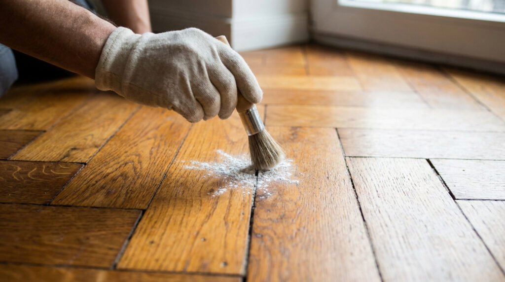 Une main gantée utilisant un pinceau pour appliquer du talc dans les interstices d'un parquet en bois.