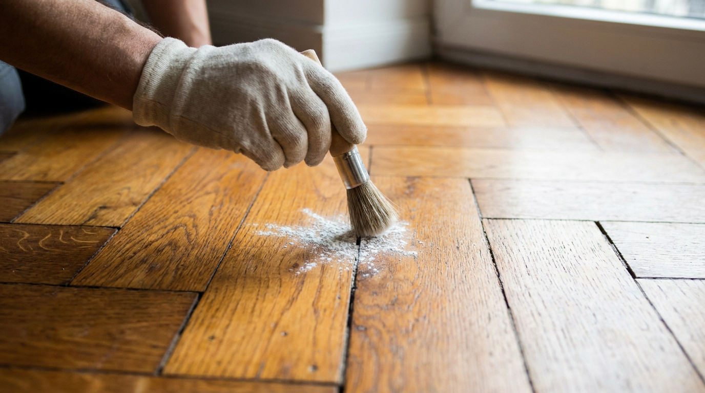 Une main gantée utilisant un pinceau pour appliquer du talc dans les interstices d'un parquet en bois.