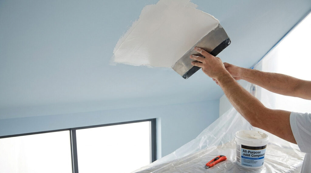 Une personne applique de l'enduit de rebouchage blanc sur un plafond peint en bleu clair avec une spatule large.