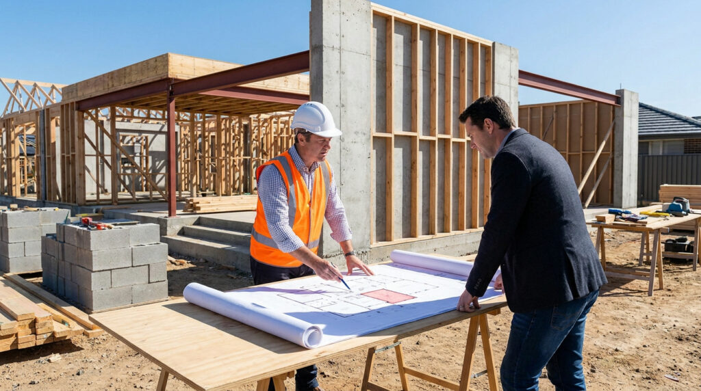 Un chef de chantier et un architecte examinent les plans d'une maison en construction sur un site en extérieur.