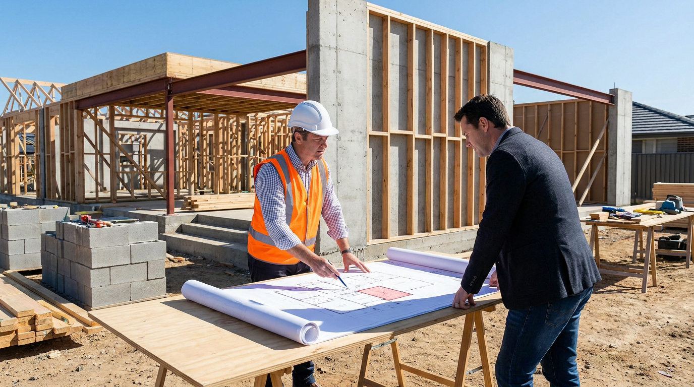 Un chef de chantier et un architecte examinent les plans d'une maison en construction sur un site en extérieur.