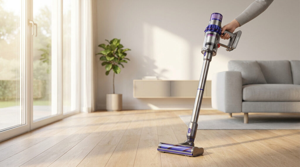 Une personne utilise un aspirateur sans fil Dyson dans un salon moderne et lumineux.
