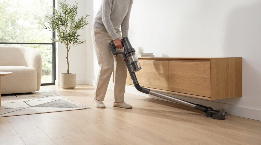 Une personne utilise un aspirateur balai Rowenta X-Force pour nettoyer sous un meuble suspendu dans un salon lumineux.