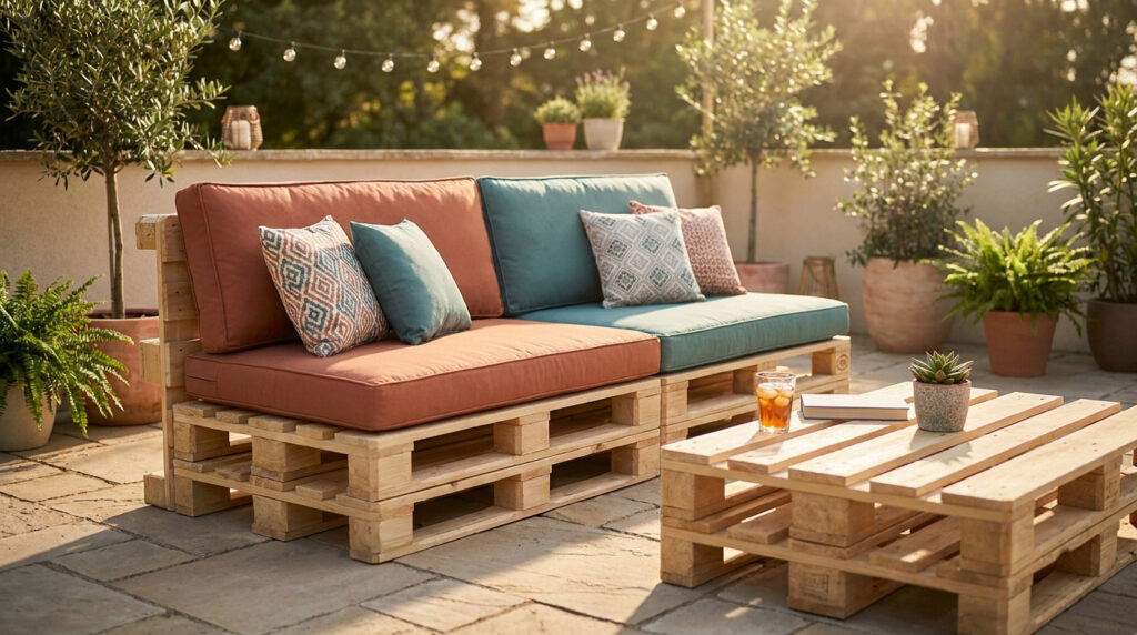 Un canapé et une table basse fabriqués en palettes de bois sur une terrasse décorée de plantes et de coussins colorés.