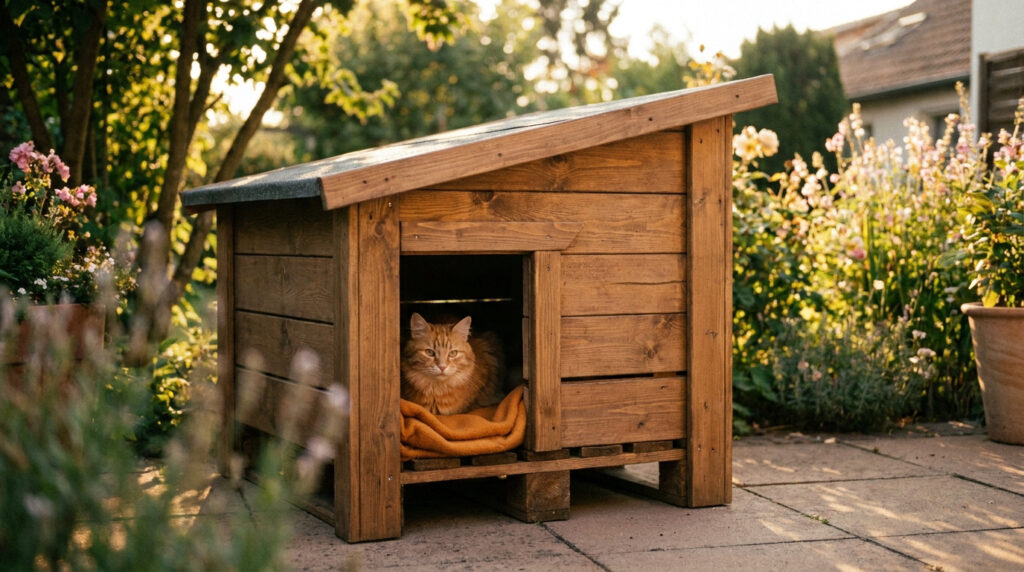 Chat roux confortablement installé dans une niche en bois artisanale placée dans un jardin ensoleillé.