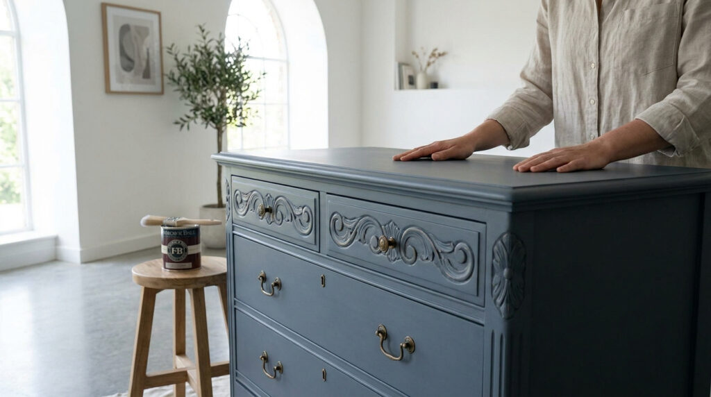 Une personne touche une commode ancienne fraîchement repeinte en bleu gris dans un intérieur lumineux et moderne.