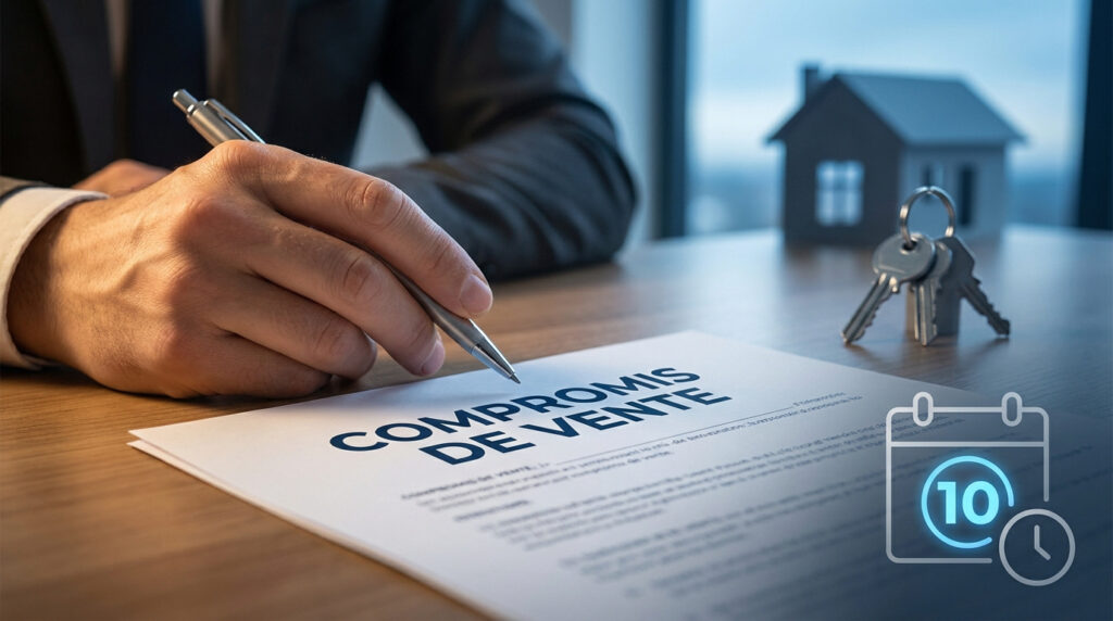 Gros plan sur un document intitulé Compromis de vente avec une main tenant un stylo, une maison miniature et des clés.