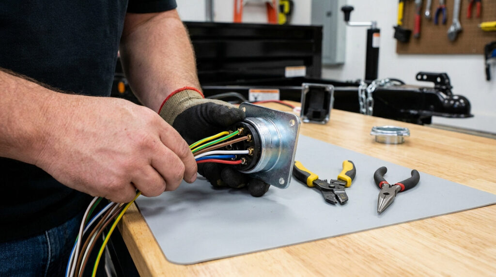 Un technicien connecte les câbles colorés d'une remorque à une prise métallique à 6 broches sur un établi.