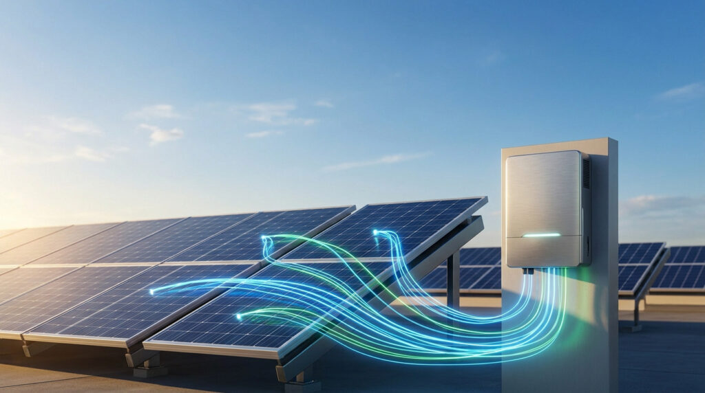 Onduleur solaire raccordé à des panneaux photovoltaïques avec des flux d'énergie lumineux illustrant le transfert.