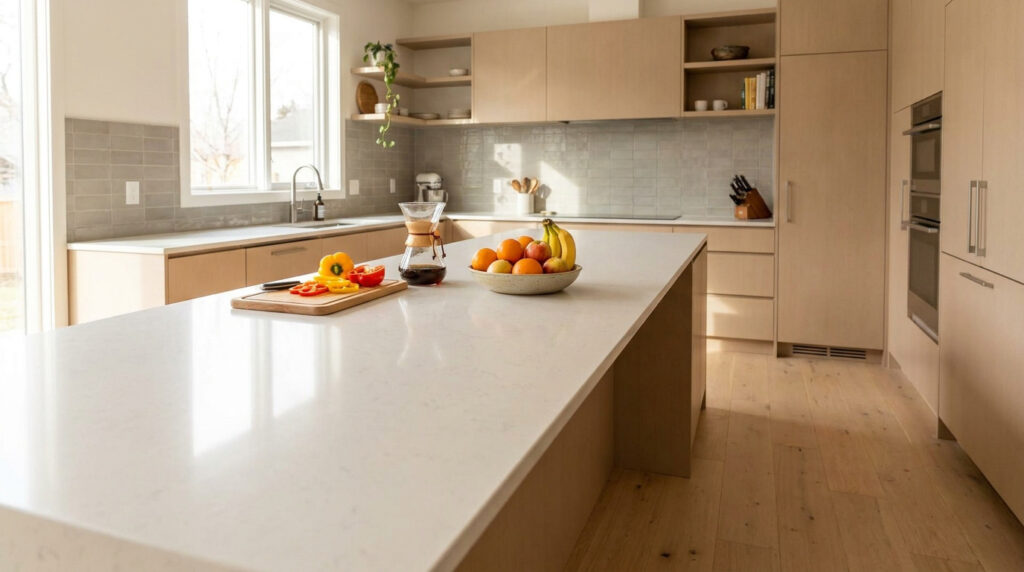 Cuisine moderne lumineuse avec un grand îlot central en quartz blanc et des meubles en bois clair.