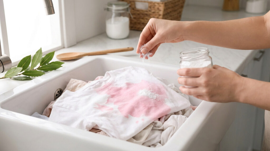 Mains saupoudrant une poudre de nettoyage sur un vêtement blanc taché de rose dans un évier de cuisine.