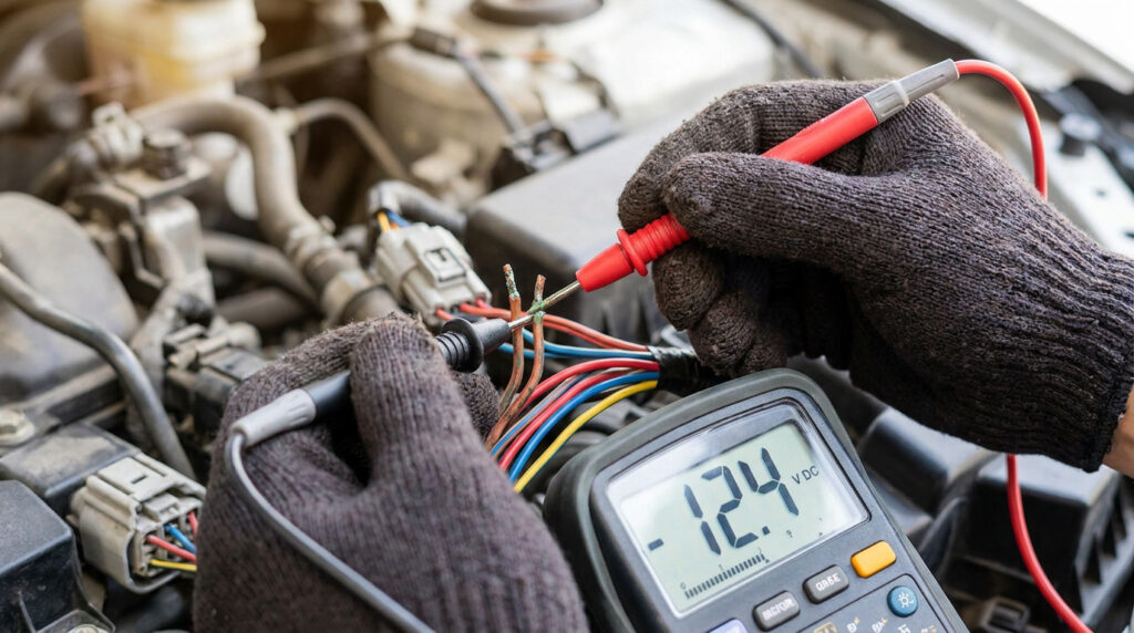 Mains avec gants testant des fils électriques de voiture avec un multimètre affichant 12,4 volts.