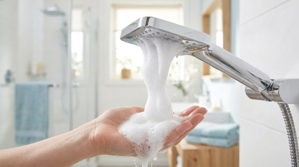 Une main reçoit de la mousse onctueuse sortant d'un pommeau de douche chromé moderne dans une salle de bain lumineuse.