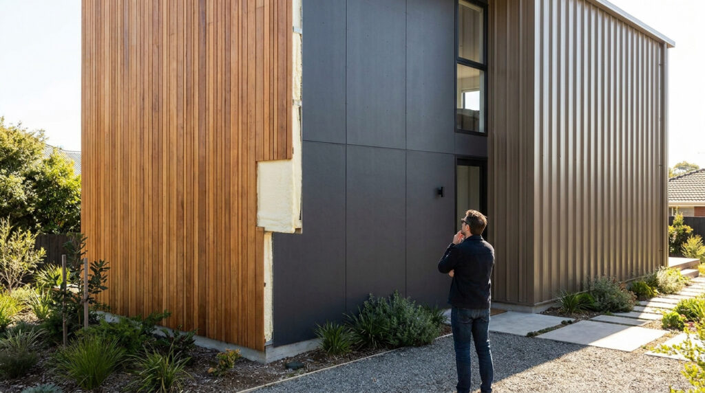 Un homme observe une maison moderne en cours de construction avec différents types de bardages extérieurs installés.