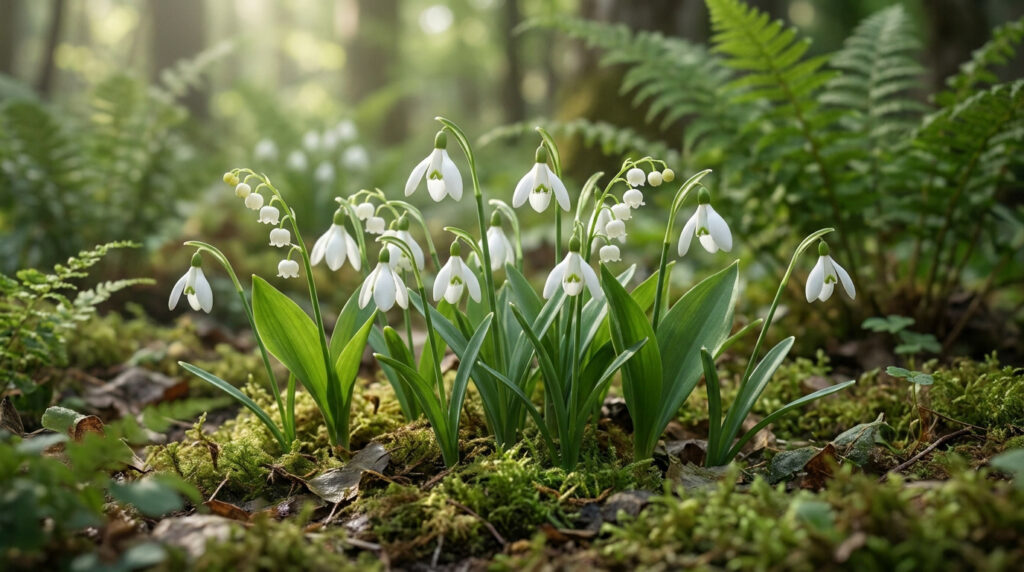 Groupe de perce-neige et muguet blancs en fleurs dans un sous-bois verdoyant et ensoleillé.