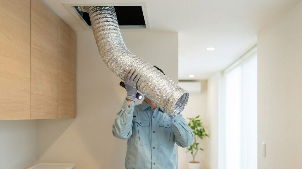 Un technicien inspecte l'intérieur d'une gaine VMC flexible avec une lampe torche dans un intérieur moderne.