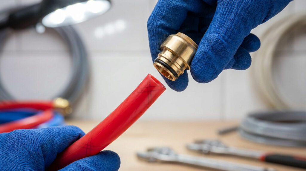 Gros plan sur des mains gantées s'apprêtant à insérer un raccord en laiton dans un tuyau PER rouge.