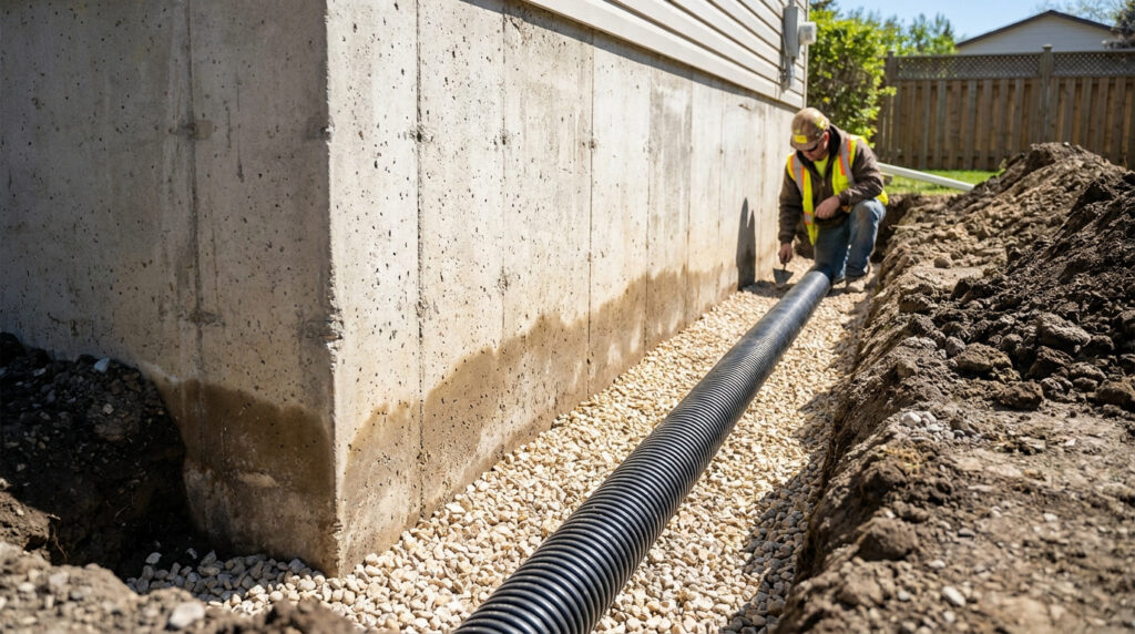 Ouvrier en tenue de chantier installant un drain agricole noir le long d'une fondation en béton avec du gravier.