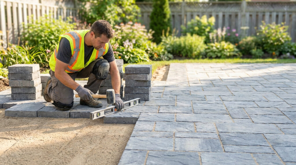 Un ouvrier en gilet de sécurité installe des pavés gris avec un niveau et un maillet dans un jardin.